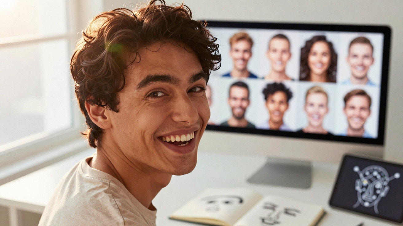 Jovem sorridente participa de reunião virtual com várias pessoas em computador no fundo.