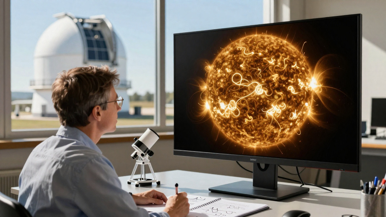 Homem observa imagem digital brilhante do sol em monitor, com telescópio e observatório ao fundo.