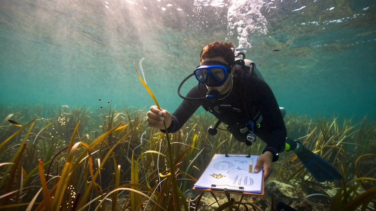 Mergulhador cientista coleta amostra de planta marinha e faz anotações em prancheta submersa.