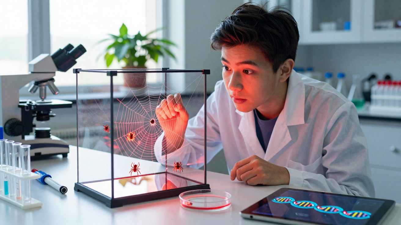 Jovem cientista em jaleco observa aranha e teia dentro de caixa transparente em laboratório.