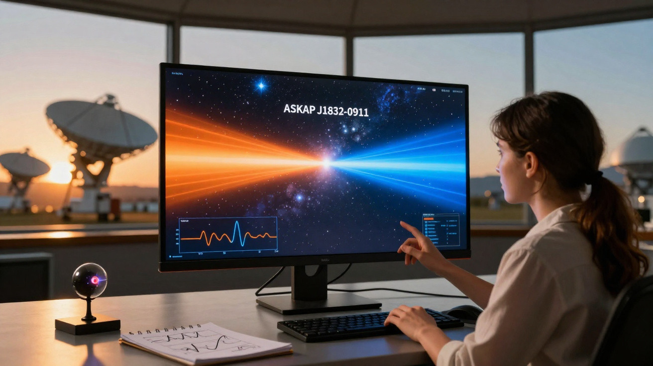 Mulher em laboratório observando dados astronômicos de pulsar ASKAP J1832-0911 em monitor de computador.