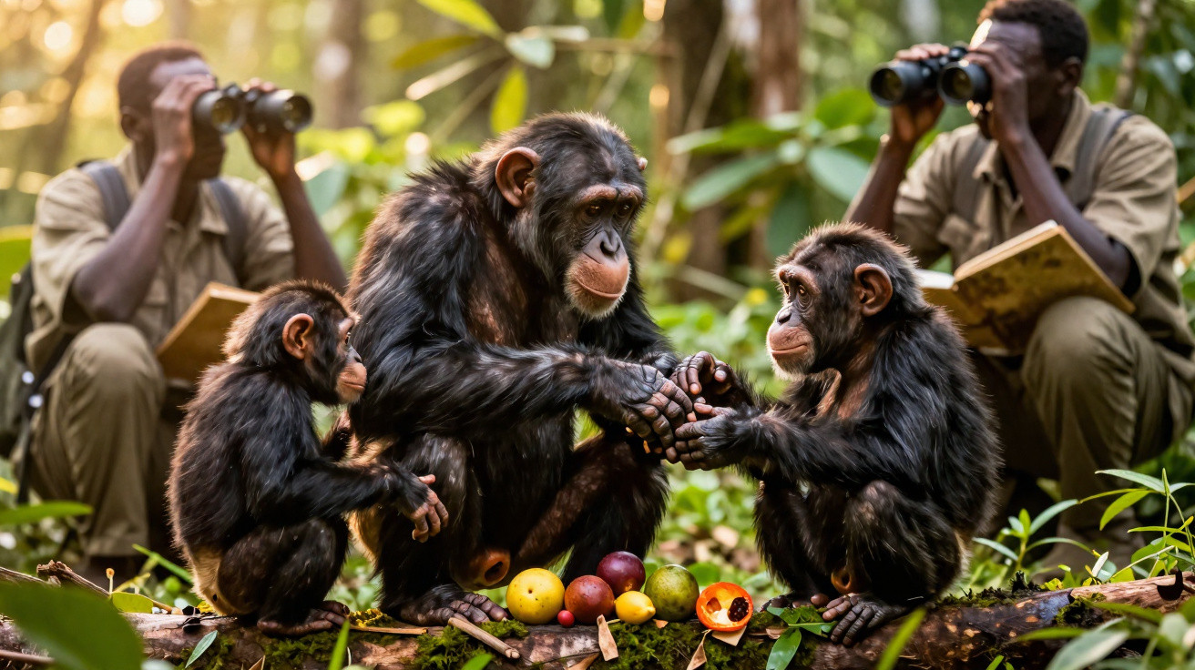Três chimpanzés interagindo com frutas na floresta enquanto dois homens observam ao fundo com binóculos.