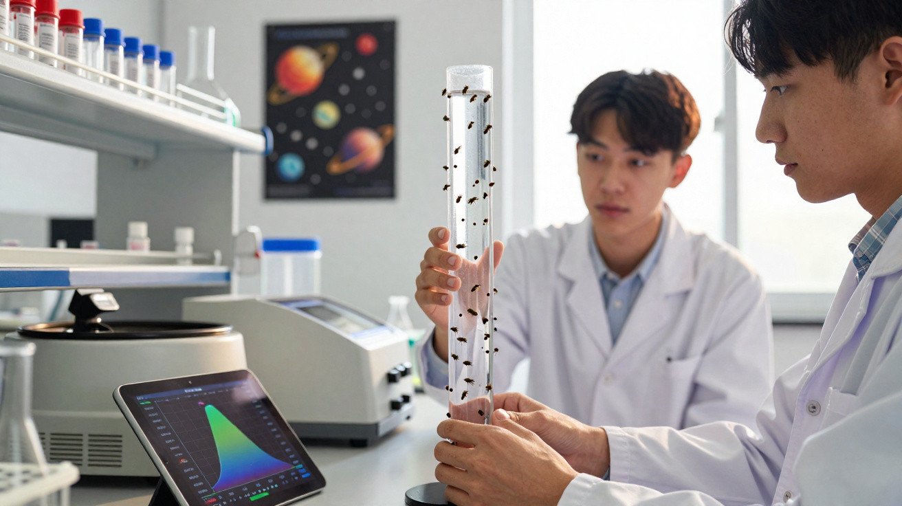 Dois cientistas analisam tubo de ensaio com insetos em laboratório moderno.