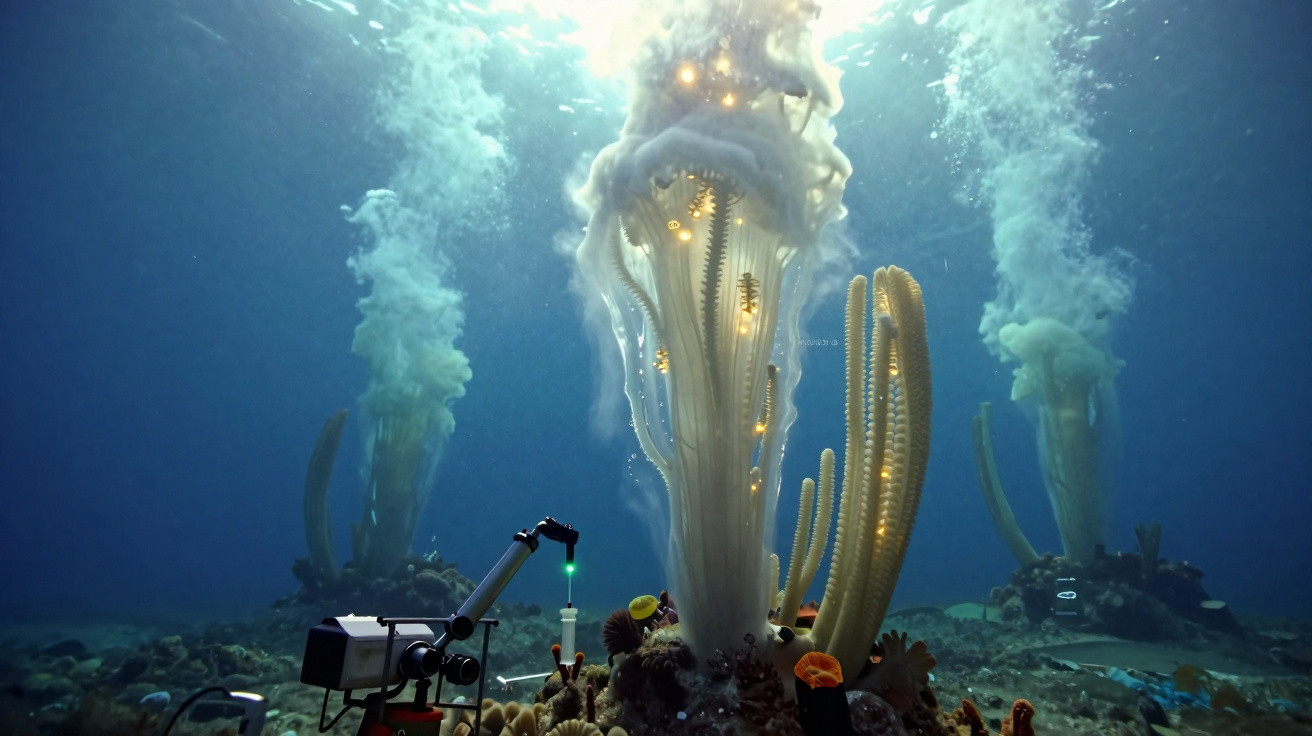Fumaça subaquática emergindo de fontes hidrotermais no fundo do oceano, com equipamentos científicos.