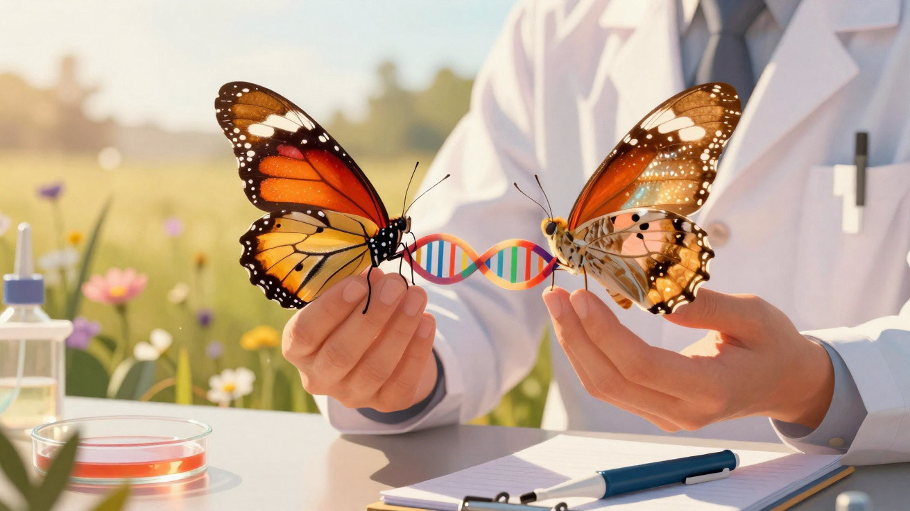 Pesquisador segurando borboletas conectadas por uma fita de DNA colorida em laboratório ao ar livre.