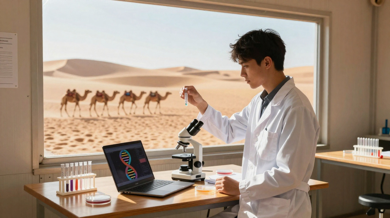 Cientista em laboratório com jarro de reagente, laptop e microscópio, janela com camelos no deserto ao fundo.