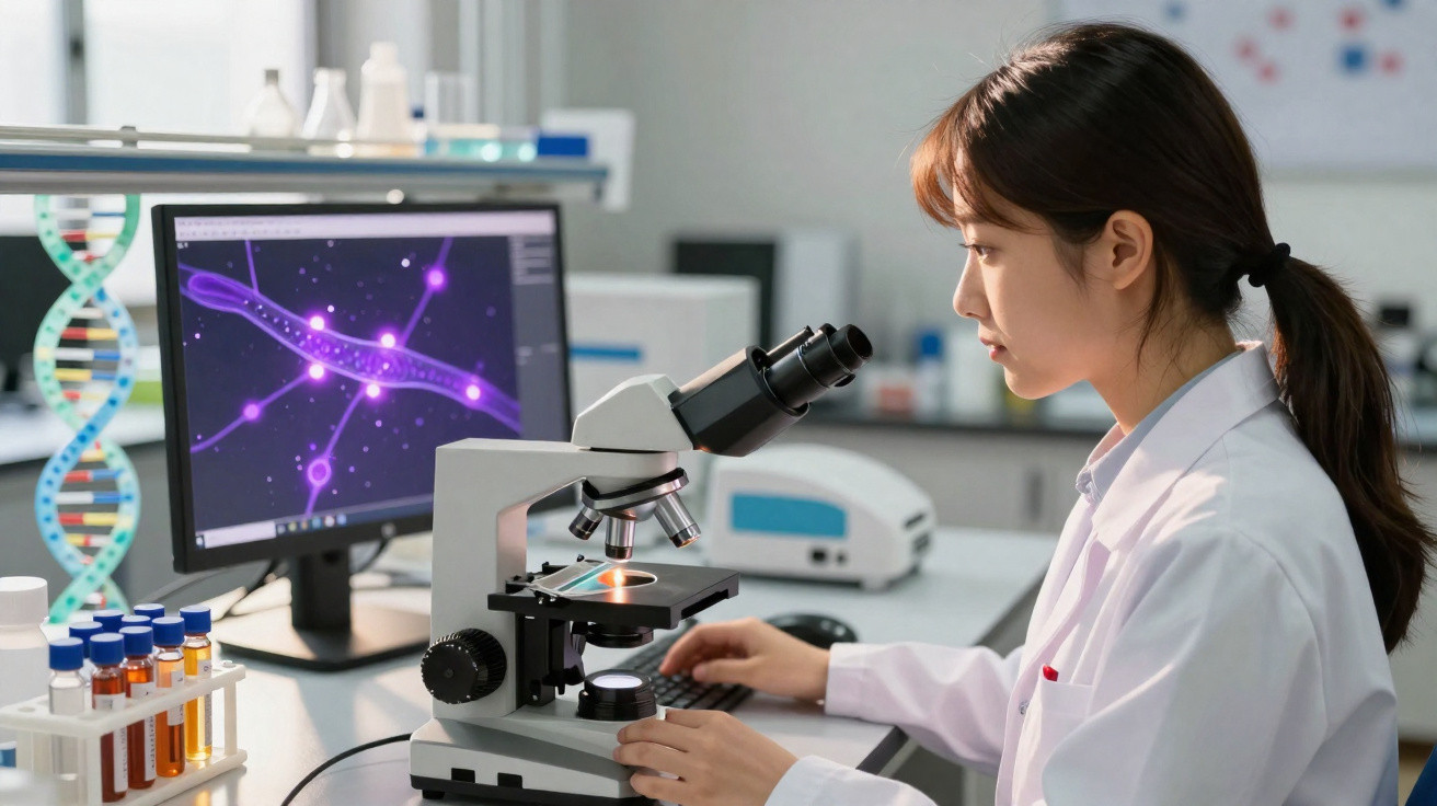 Mulher cientista usando microscópio em laboratório com imagem de células no computador ao fundo.
