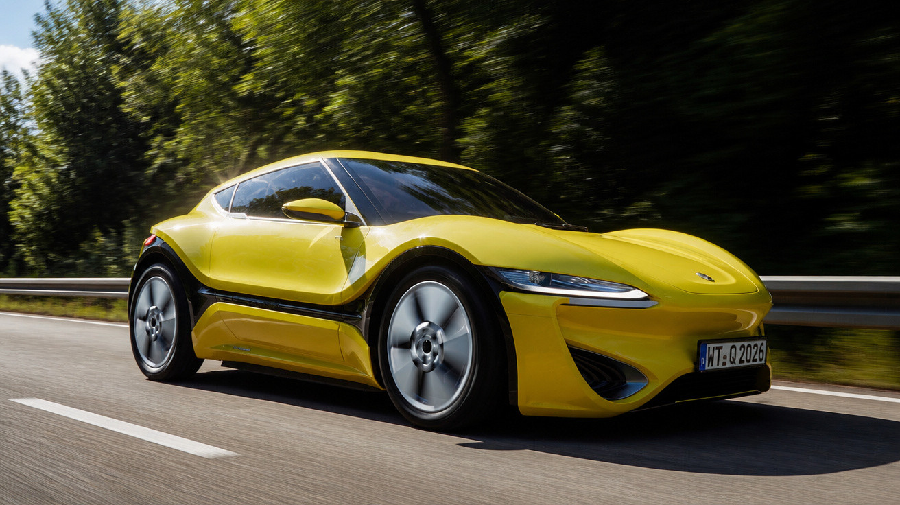Carro esportivo amarelo em estrada com fundo de árvores e detalhes aerodinâmicos modernos.