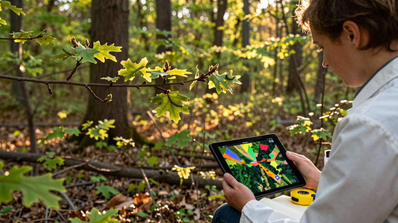 Pessoa usando tablet para análise de mapas coloridos em floresta durante o dia, com vegetação e folhas verdes.