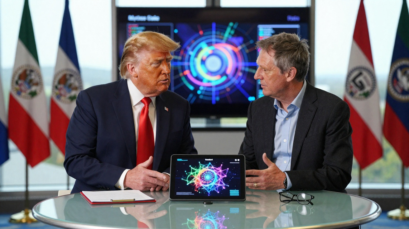 Dois homens conversando em mesa com tablet exibindo gráfico colorido e bandeiras ao fundo.