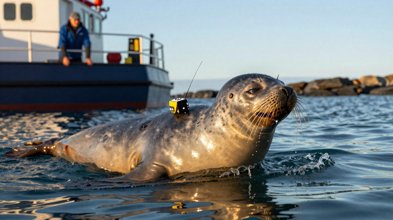 Foca marinha na água com dispositivo de rastreamento no corpo e barco ao fundo com pessoa observando.