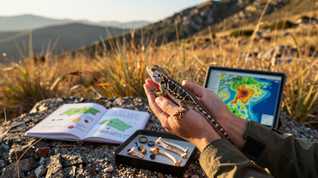 Pessoa segurando lagarto em área rochosa, com livro aberto, caixa de ossos e tablet com mapa ao fundo.