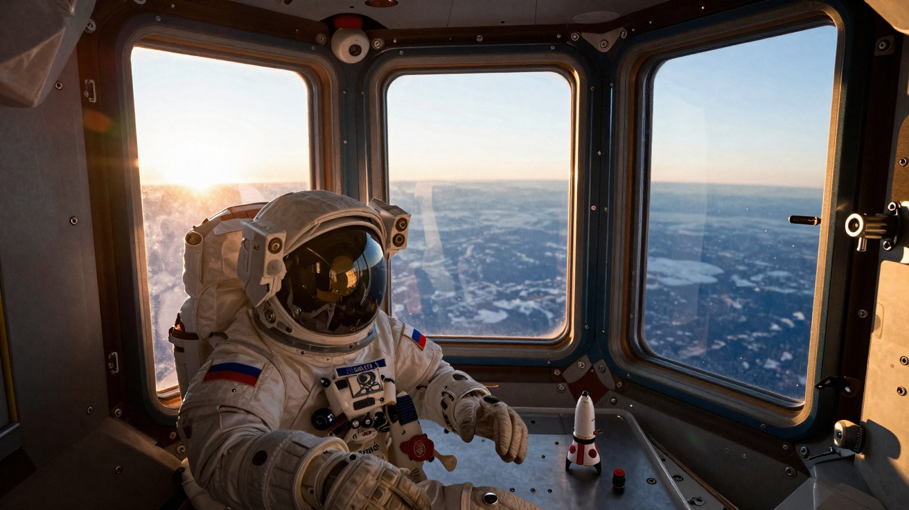 Astronauta em traje espacial dentro de módulo com janelas mostrando a Terra ao pôr do sol.