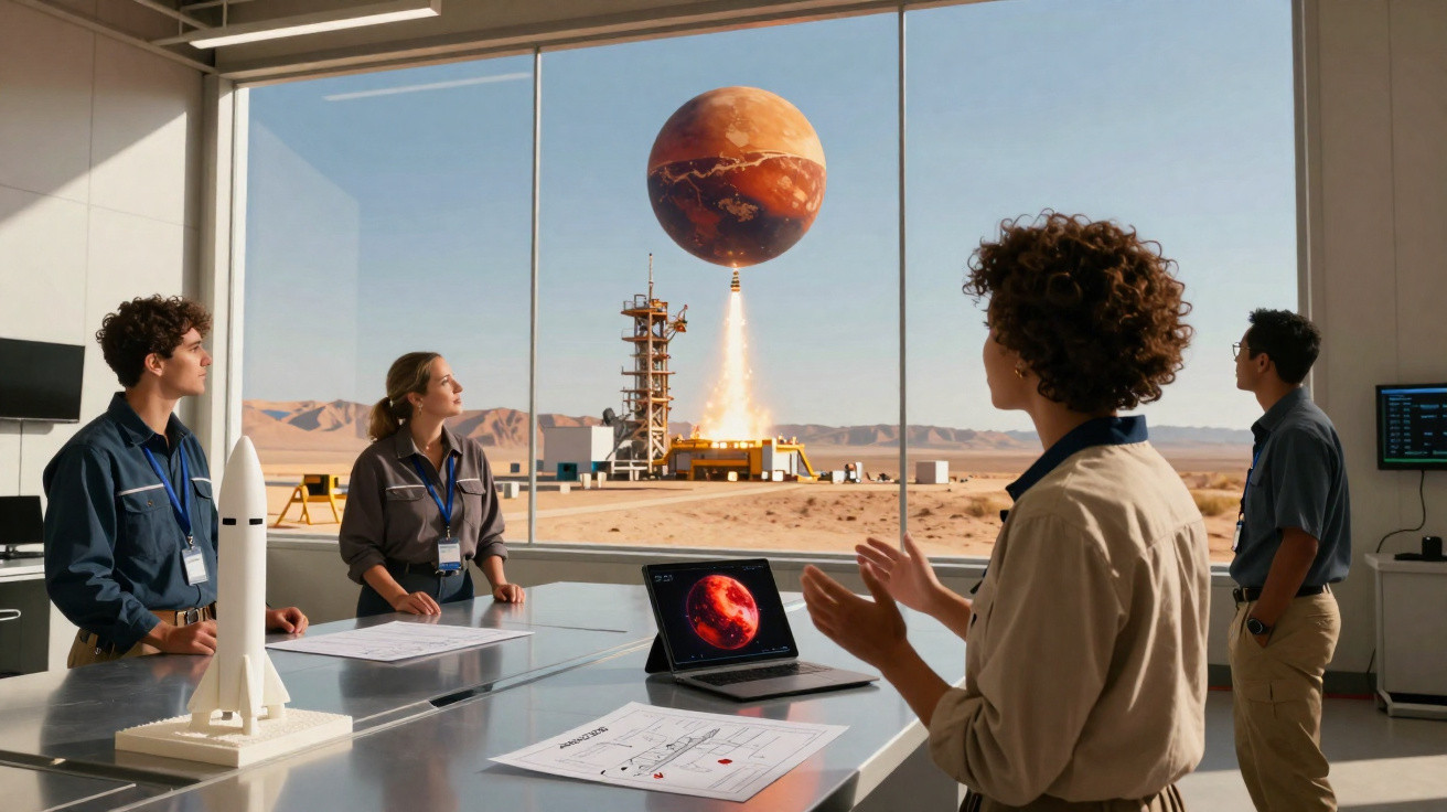 Equipe observa lançamento de foguete com planeta vermelho projetado em grande janela de laboratório moderno.