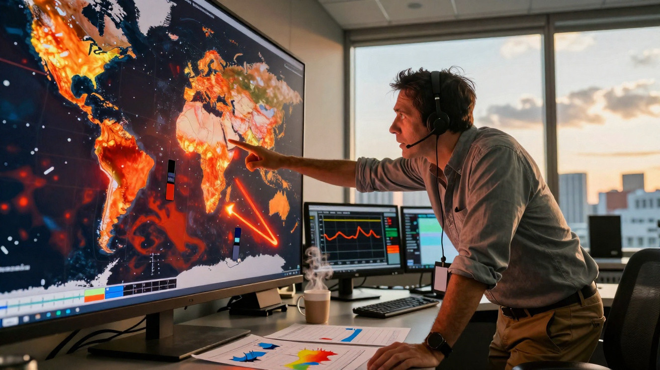 Homem com fone de ouvido analisa mapa digital com dados e gráficos em escritório moderno ao entardecer.