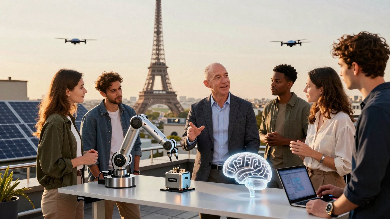 Grupo de profissionais discutindo tecnologia com robô e drones com Torre Eiffel ao fundo.