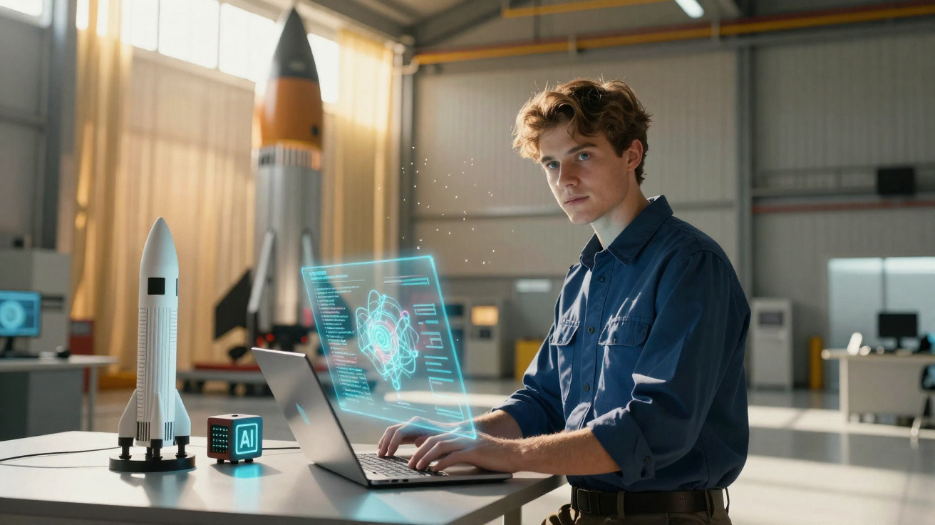 Jovem engenheiro em laboratório com foguetes e holograma digital de dados na tela do laptop.