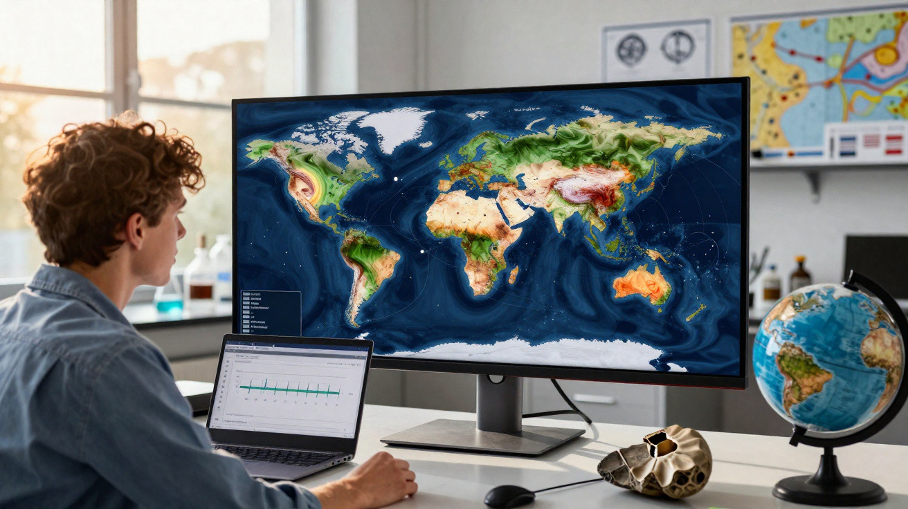 Pessoa estudando geografia com mapa mundi digital em monitor e globo terrestre na mesa branca.
