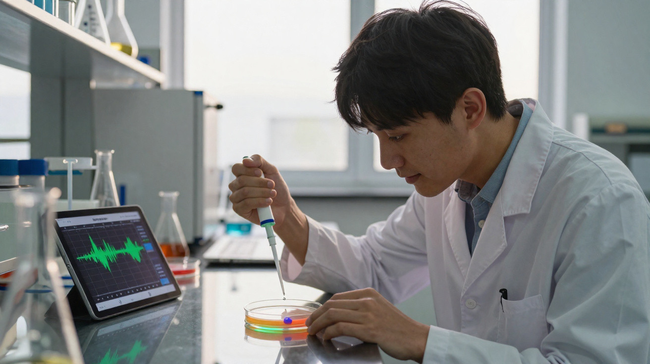Cientista usando pipeta para manipular cultura em placa de petri com tablet ao lado exibindo gráfico.