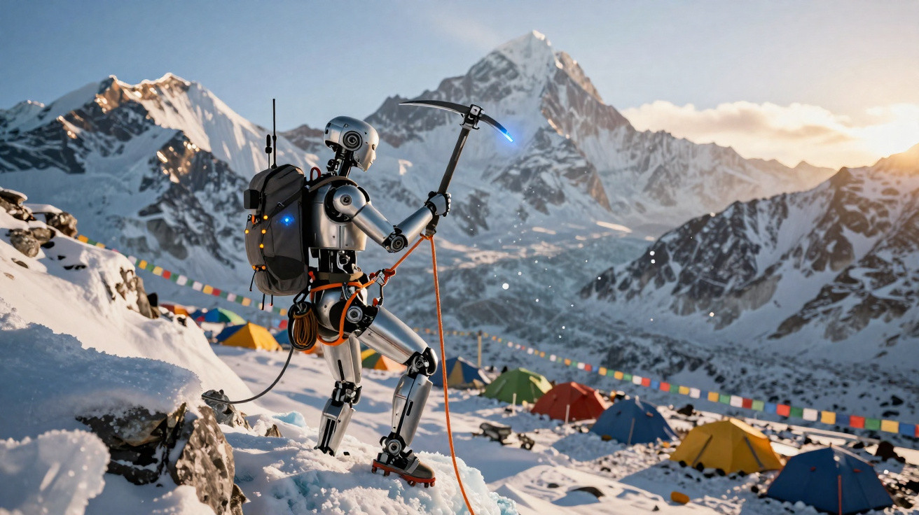 Robô escalador com mochila e pico de gelo em montanha nevada próximo a acampamento colorido ao amanhecer.