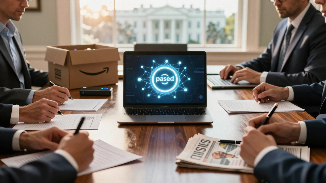 Reunião de negócios com pessoas escrevendo ao redor de mesa, laptop com tela "passed" e jornal.