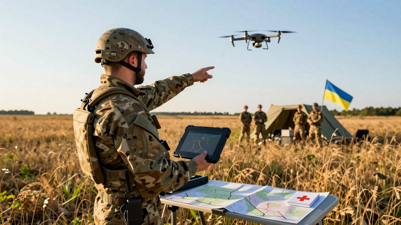 Soldado operando drone em campo aberto com mesa de mapas e bandeira da Ucrânia ao fundo.