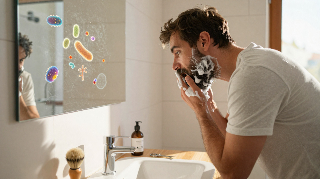 Homem lavando o rosto com espuma no banheiro e ilustrações de microrganismos no espelho.