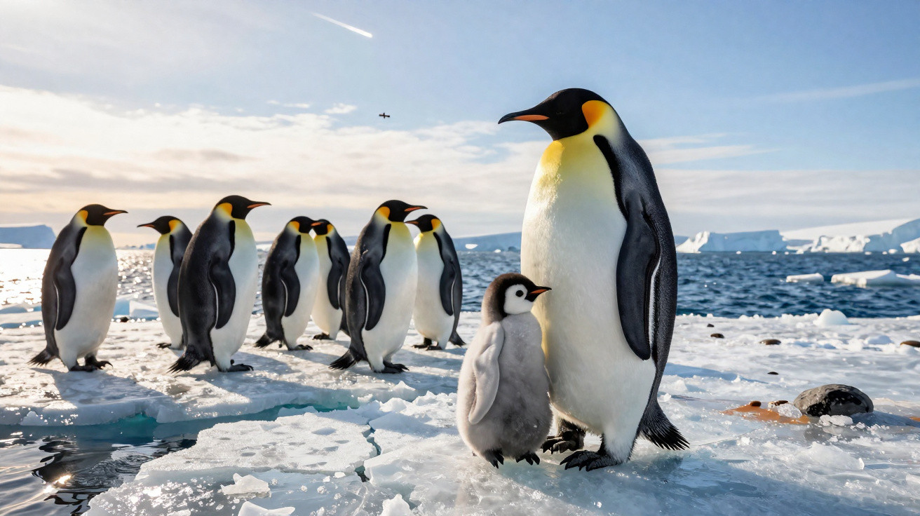 Pinguim adulto com filhote entre grupo de pinguins em geleira próxima ao mar sob céu claro.