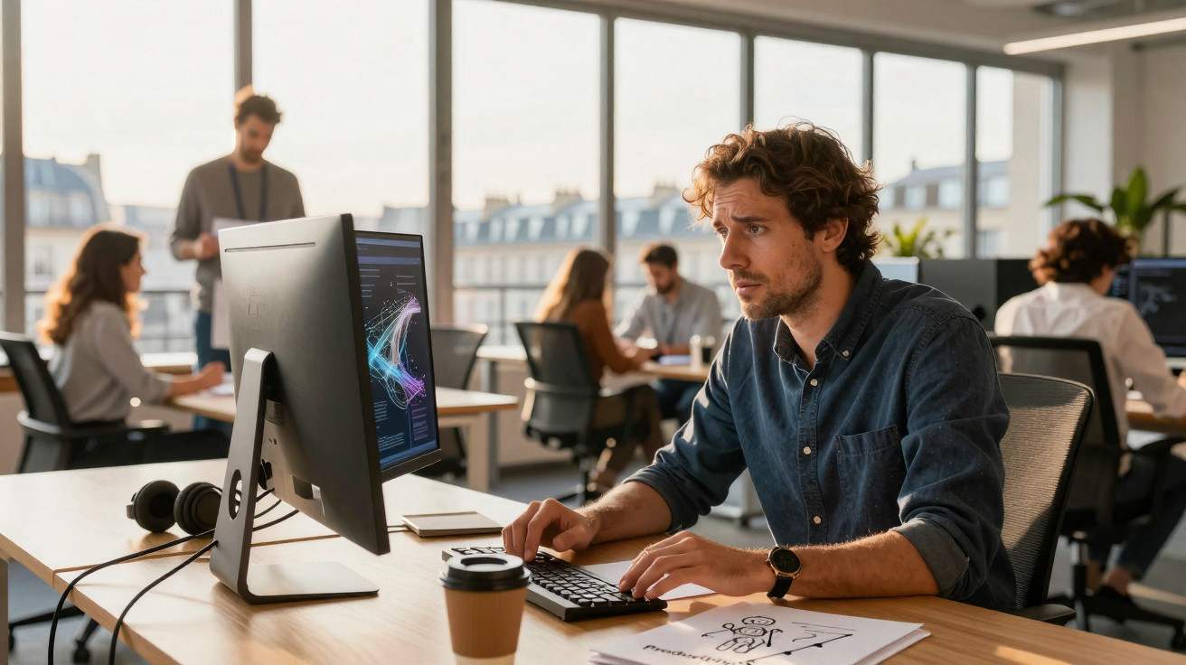 Homem concentrado trabalhando em computador em escritório moderno com colegas ao fundo.