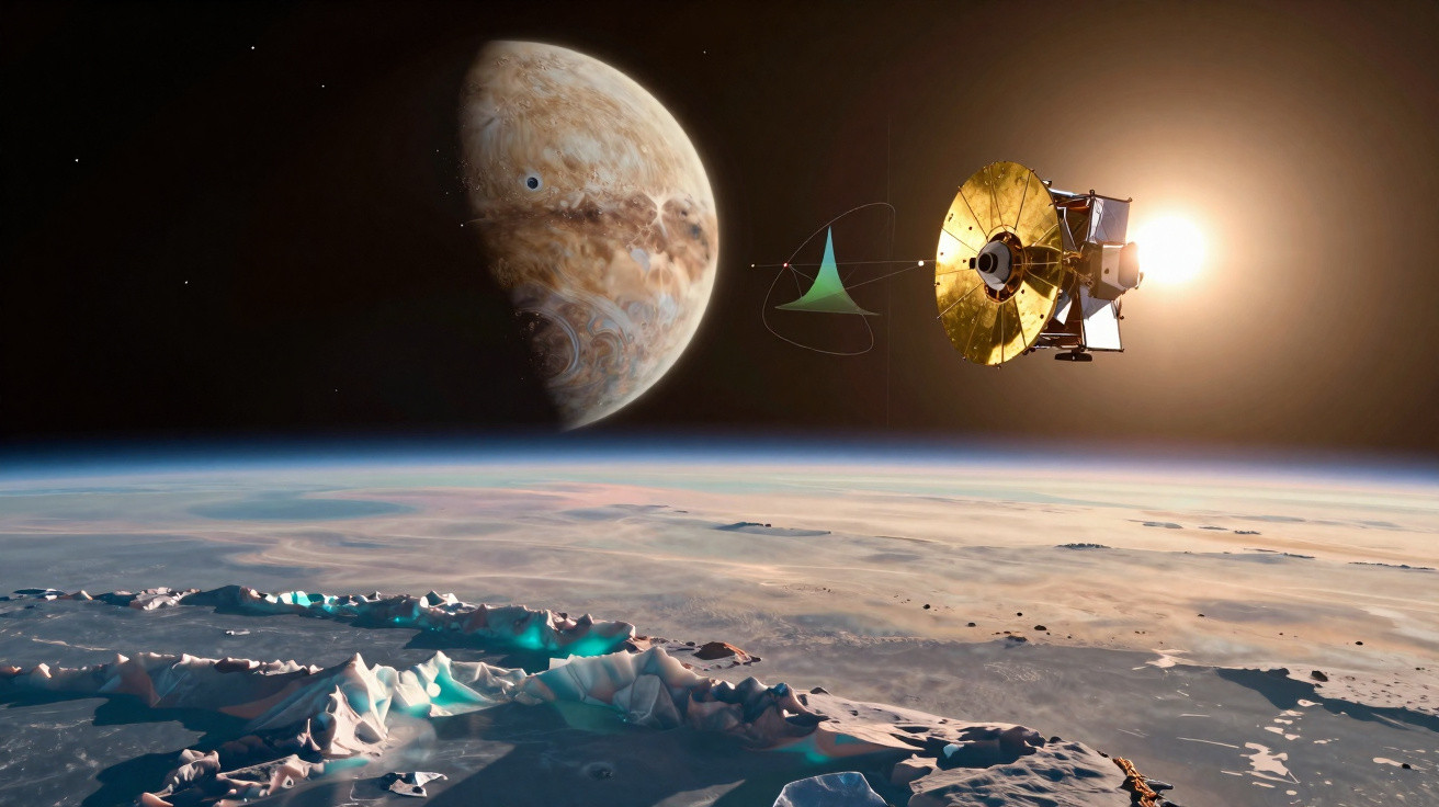 Sonda espacial em órbita sobre superfície congelada com planeta e sol ao fundo no espaço sideral.
