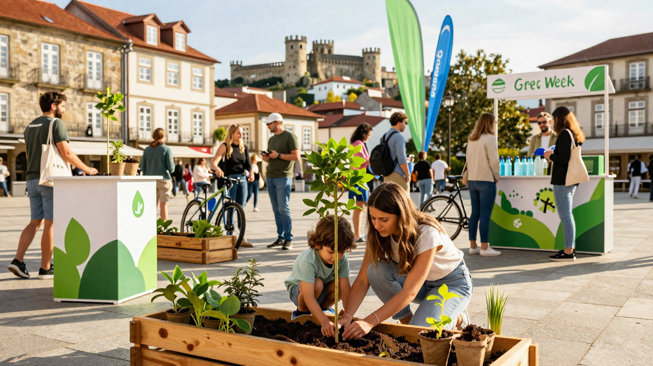 Pessoas plantando mudas em praça durante evento sustentável Green Week com castelo e prédios ao fundo.