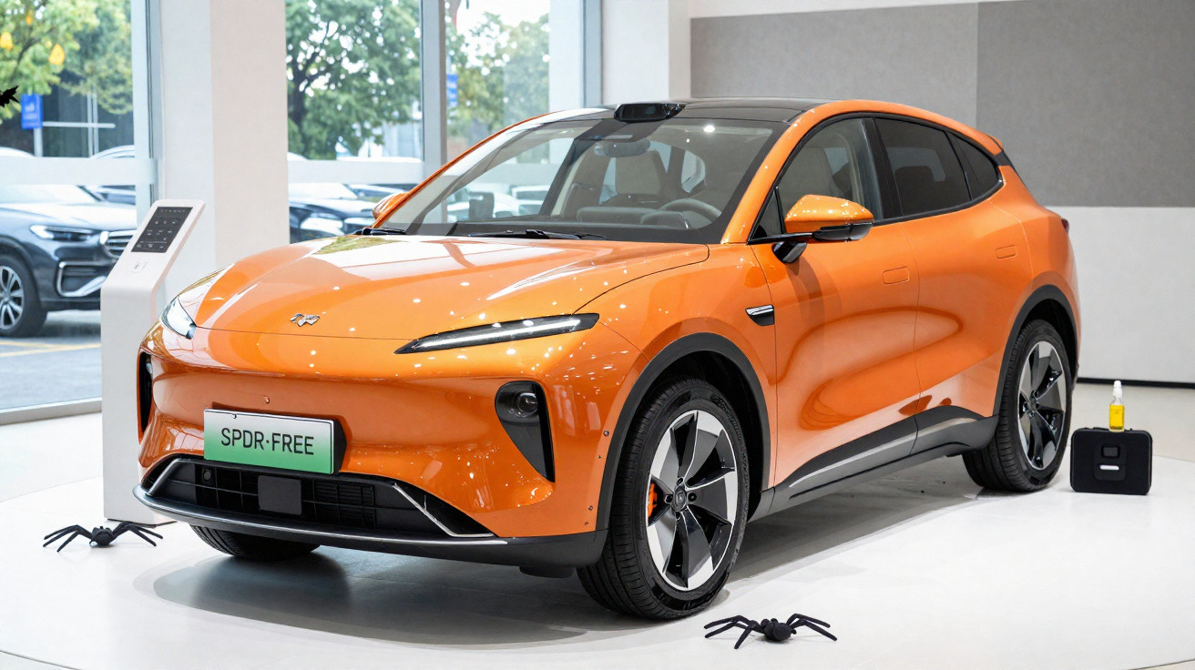 Carro elétrico SUV laranja exposto em showroom moderno com duas aranhas decorativas no chão.
