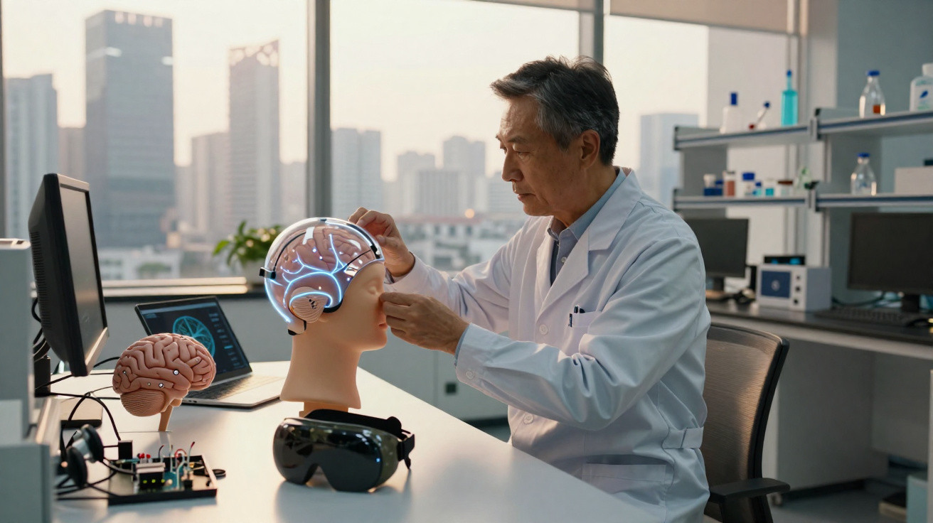 Cientista ajusta dispositivo tecnológico em modelo de cabeça humana em laboratório moderno com vista urbana.