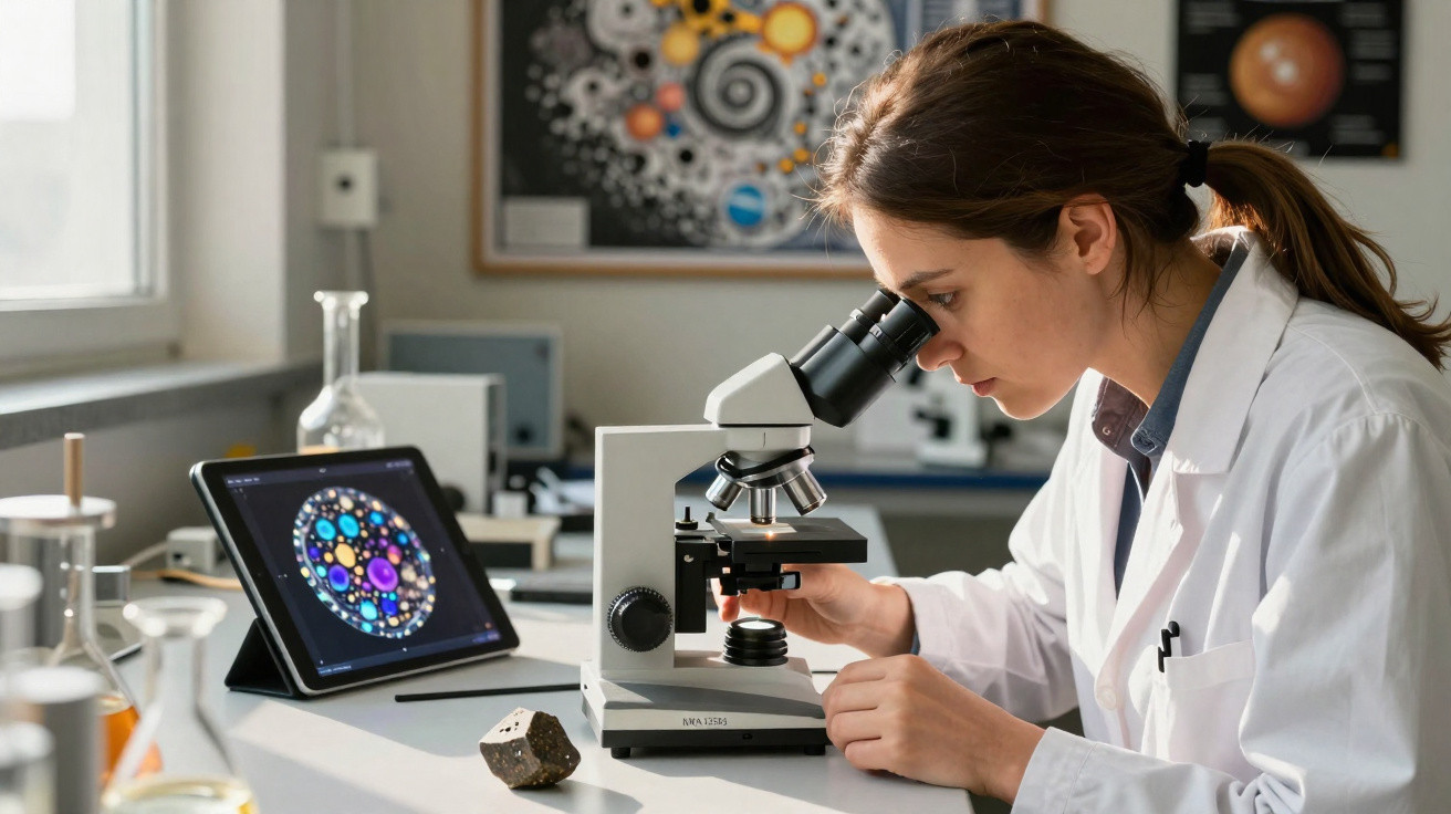 Mulher cientista em jaleco branco observando amostra no microscópio em laboratório moderno.