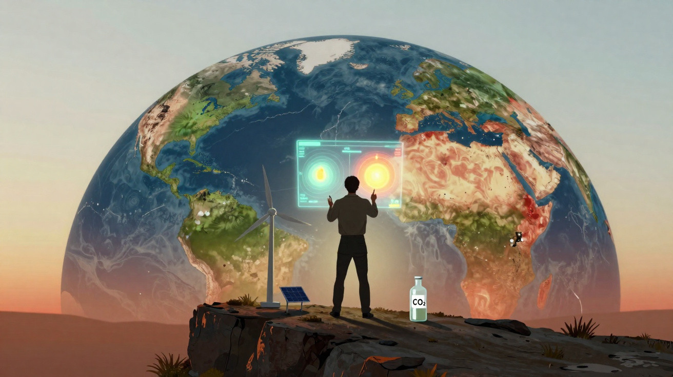 Pessoa interagindo com hologramas diante da Terra com turbina e painel solar ao pôr do sol.