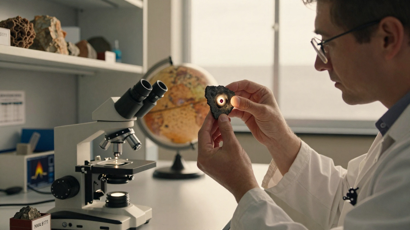 Cientista analisa amostra de rocha iluminada à luz em laboratório com microscópio e globo terrestre ao fundo.