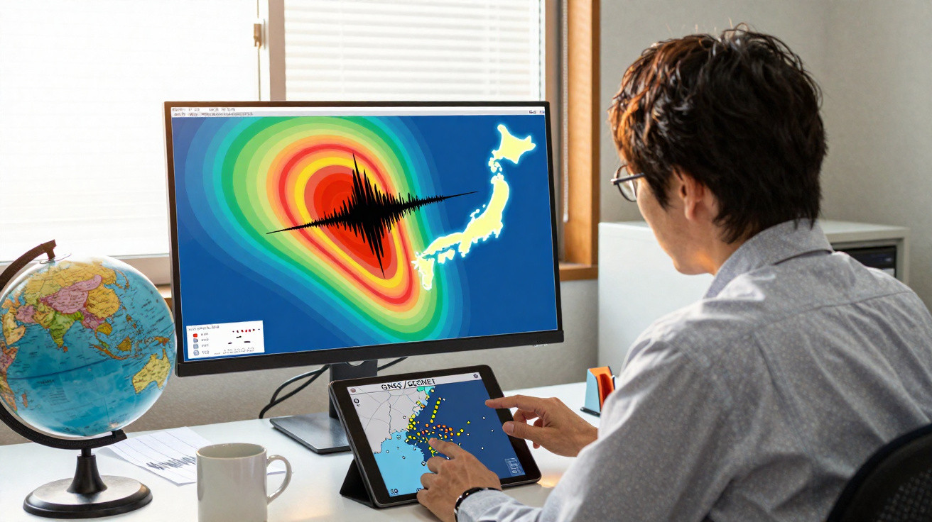 Homem analisando dados sísmicos e mapas de terremotos no computador e tablet em escritório.