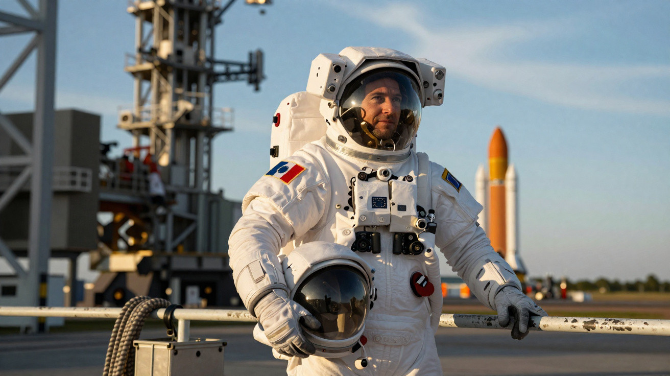 Astronauta com capacete na mão em plataforma de lançamento com foguete ao fundo.