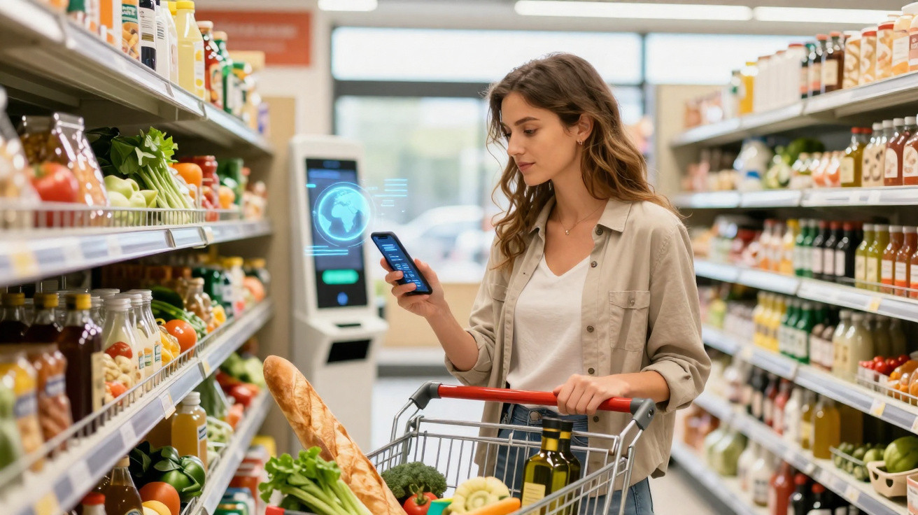 Mulher em supermercado verificando lista de compras no celular com carrinho cheio de alimentos frescos.