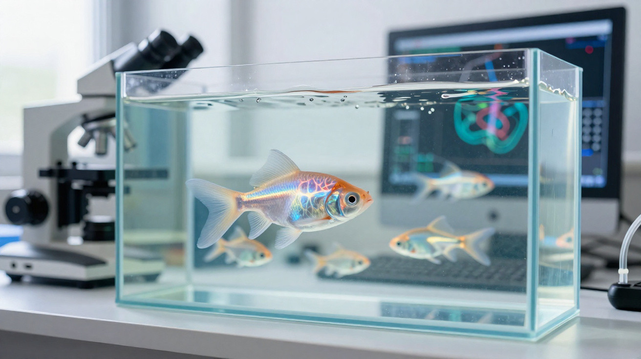 Aquário com peixes prateados sobre mesa de laboratório, com microscópio e computador ao fundo.