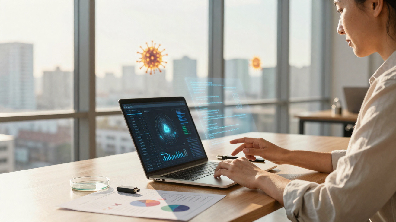 Pessoa analisando dados em laptop com gráficos holográficos e imagem do vírus COVID-19 ao fundo.