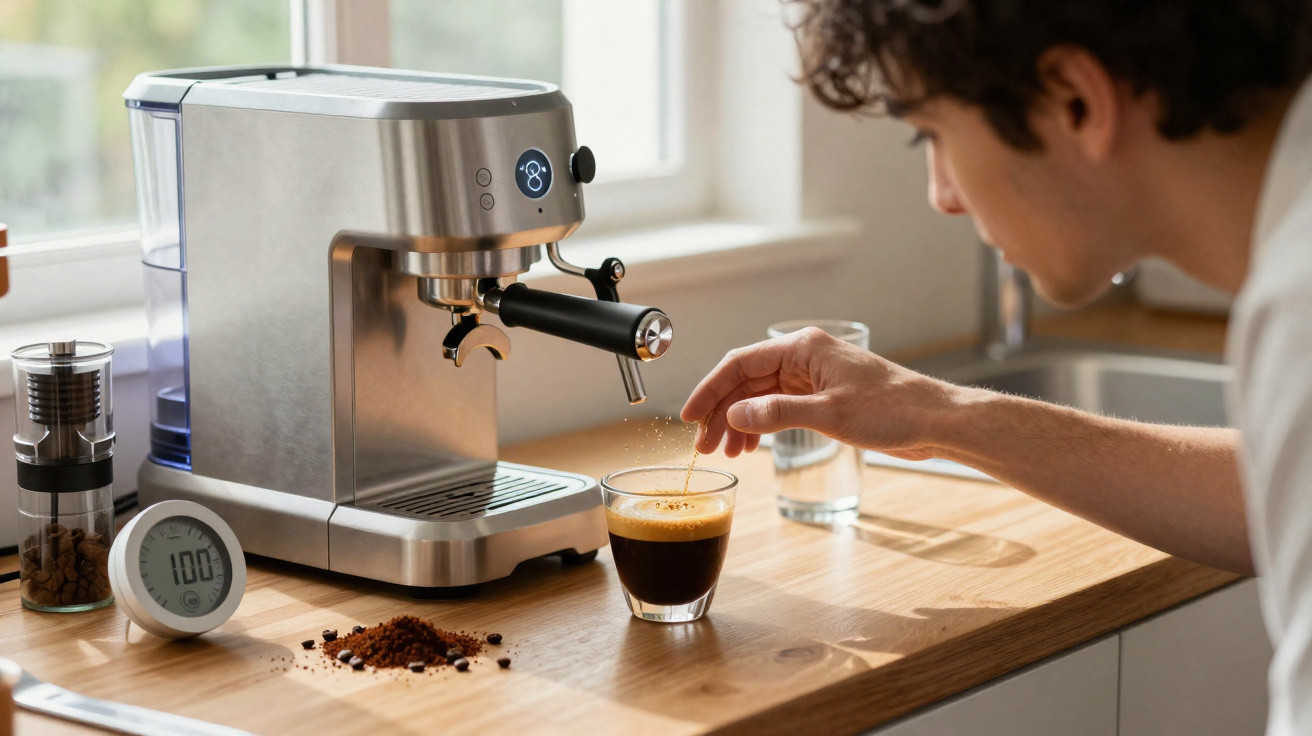 Pessoa mexendo café em copo próximo a máquina de café expresso em bancada de cozinha.