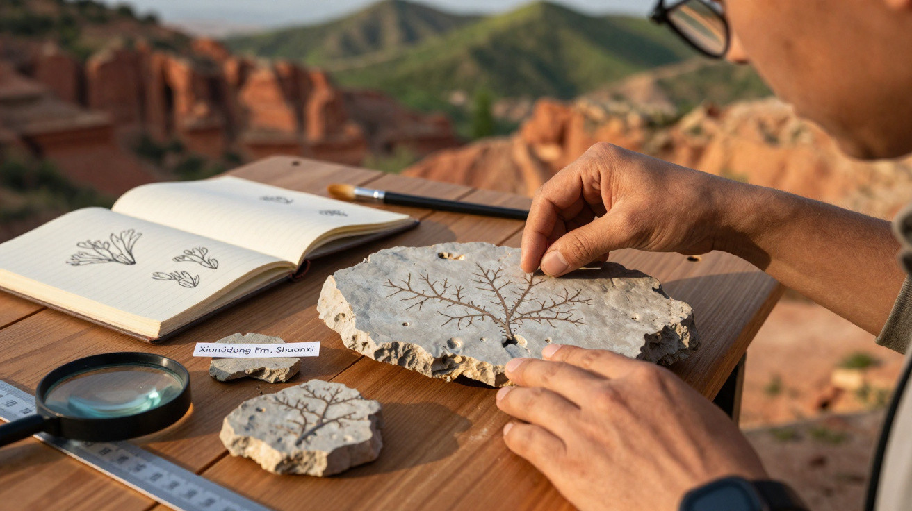 Pessoa examinando fóssil de planta com desenhos em caderno e lupa sobre mesa ao ar livre em região montanhosa.