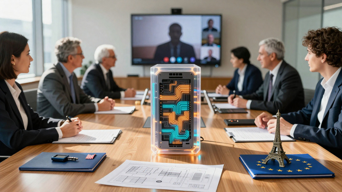 Pessoas em reunião de negócios com dispositivo tecnológico iluminado e videoconferência ao fundo.