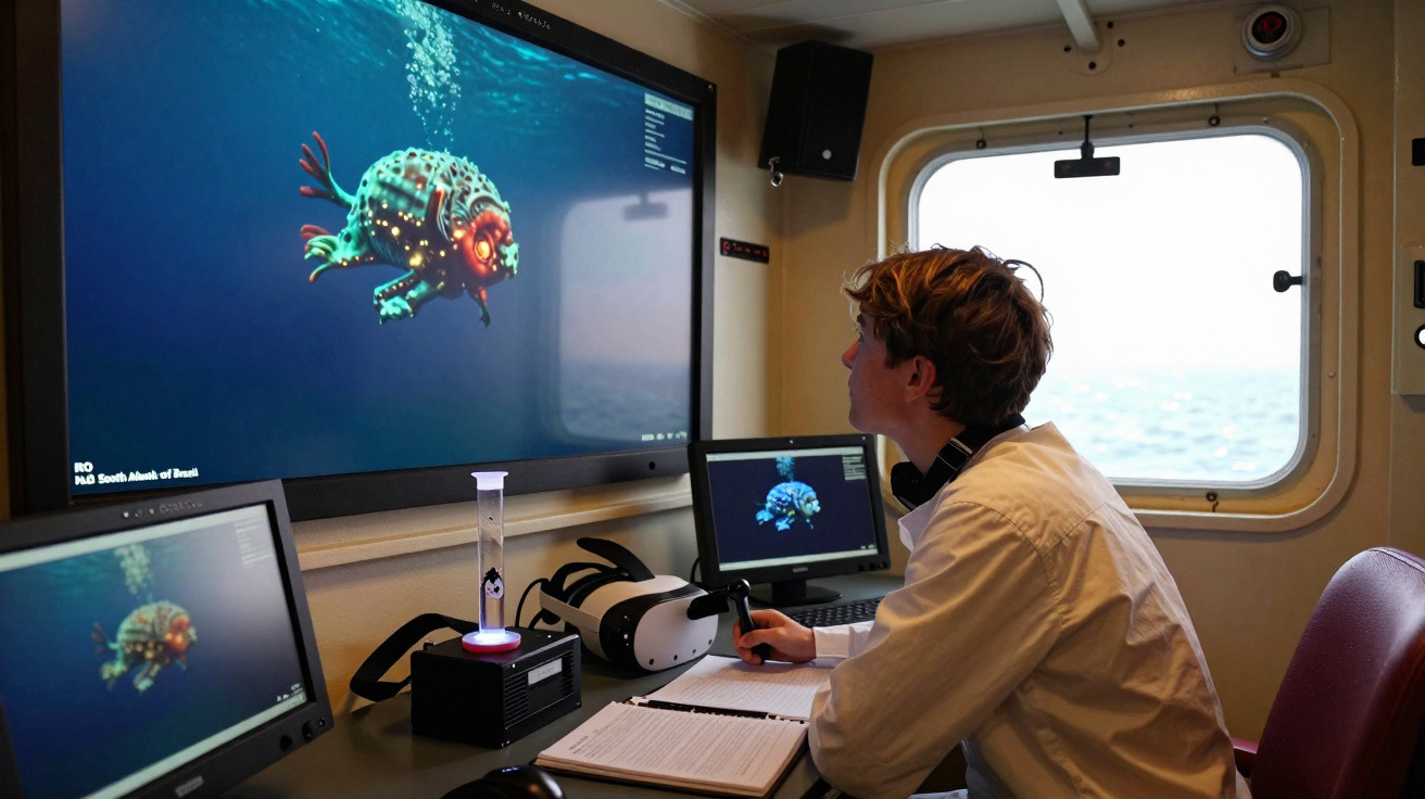 Pessoa sentada em sala observa criatura marinha digital em várias telas dentro de barco ou laboratório marinho.