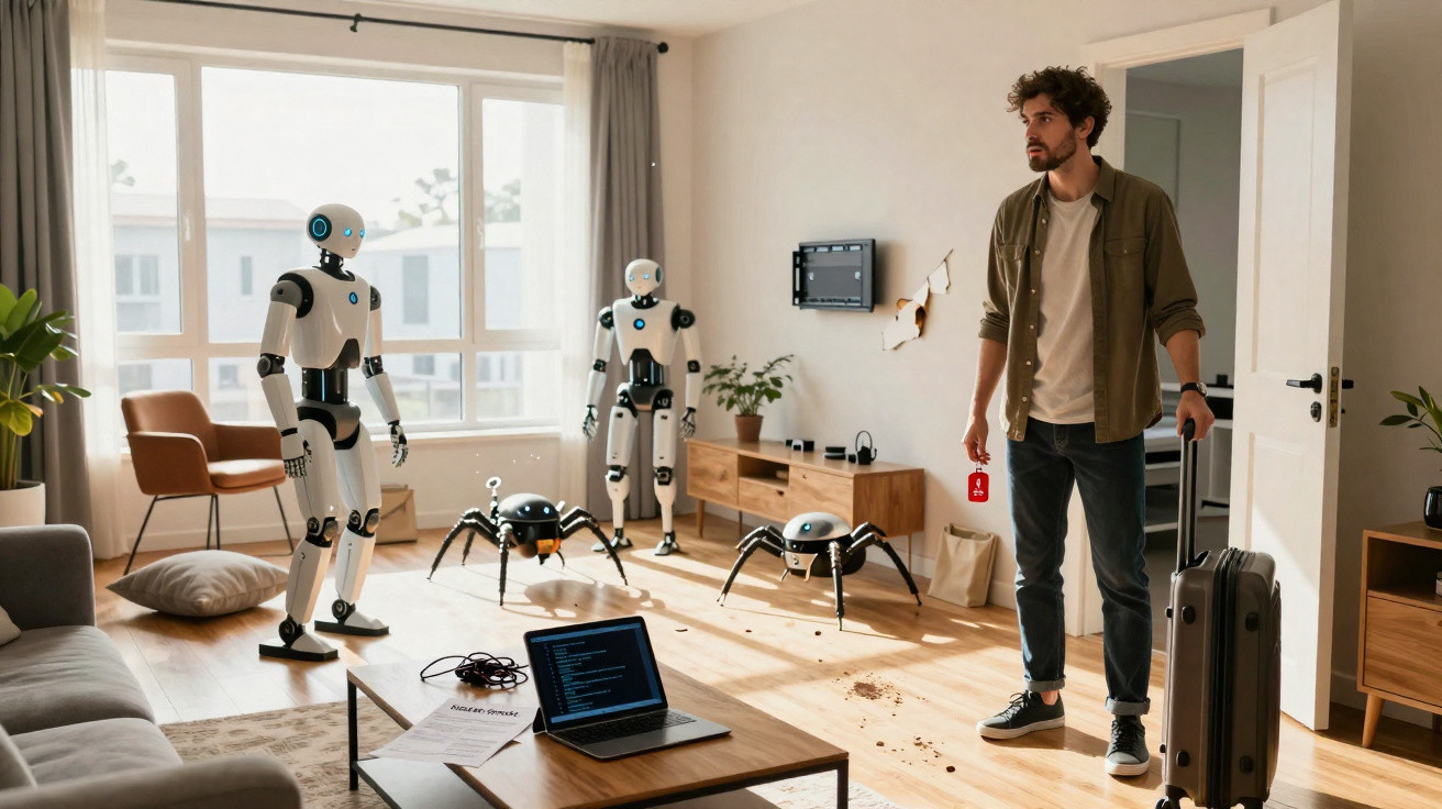 Homem com mala observa robôs humanóides e insetos robóticos em sala clara e moderna.