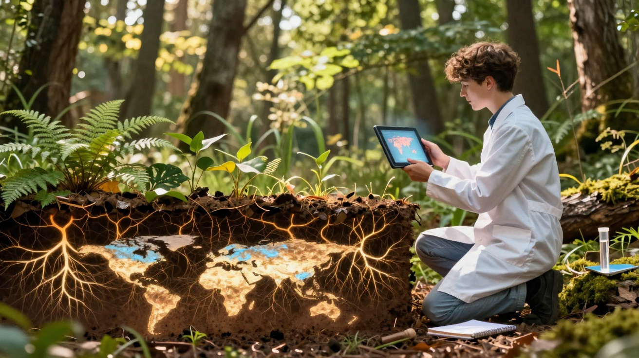 Jovem cientista com jaleco analisa mapa interativo de raízes e mudanças climáticas em tablet na floresta.