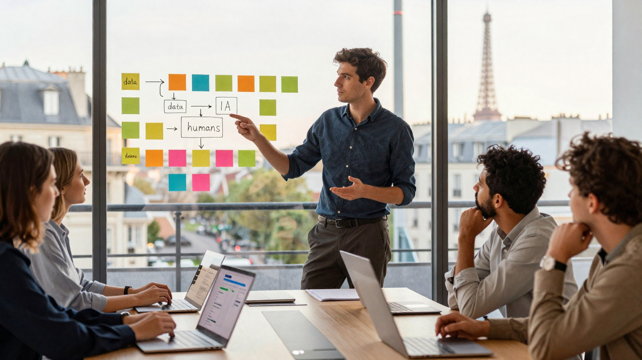 Homem apresentando esquema de dados, IA e humanos em reunião com quatro colegas em sala com vista para Torre Eiffel.