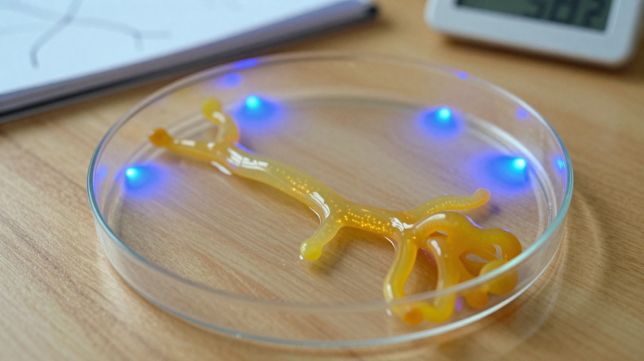 Lagoa brilhante amarela em placa de Petri em bancada de laboratório com luzes azuis ao redor.