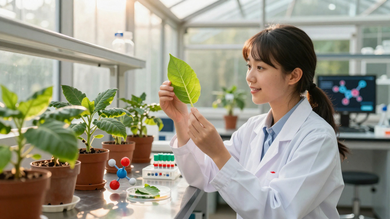 Pesquisadora em laboratório observa folha de planta em estufa com várias plantas em vasos ao redor.